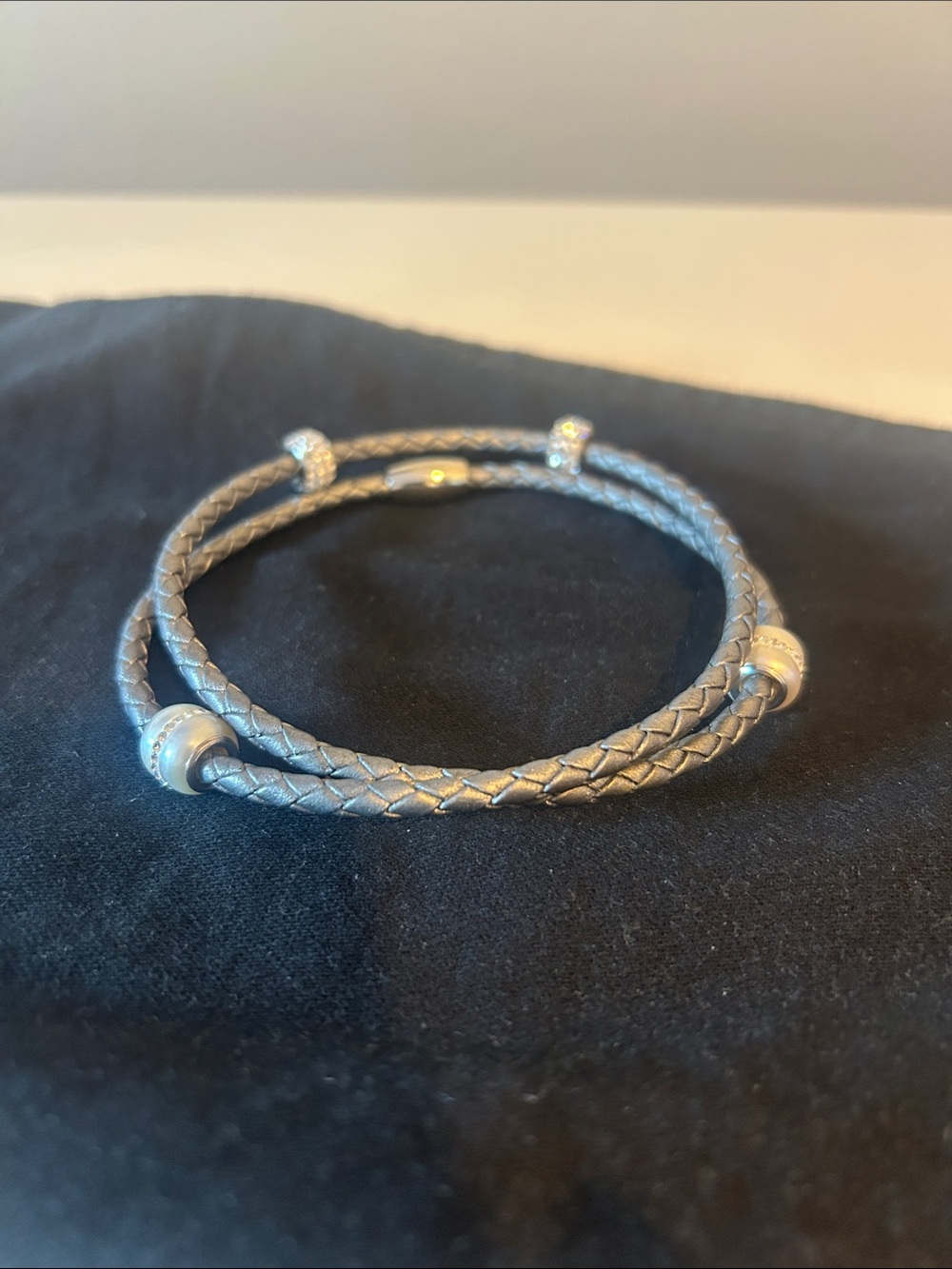 Braided Gray Leather Wrap Bracelet with Silver Accents, pearls & riondels